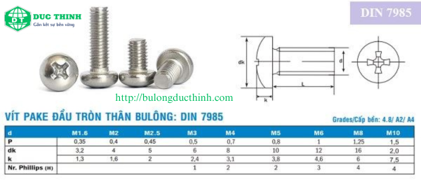 Thông số kỹ thuật vít pake đầu tròn thân bulong DIN 7985