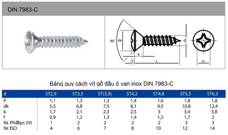 Thông số kỹ thuật vít gỗ đầu ô van inox DIN 7983C