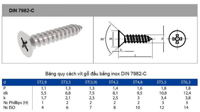 Thông số kỹ thuật vít gỗ đầu bằng DIN 7982C